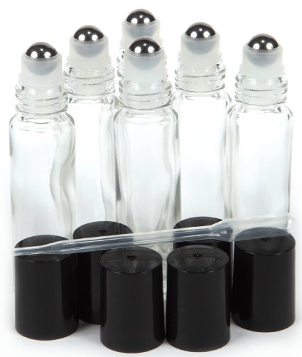 6 New, High Quality, Clear, 10 ml Glass Roll-on Bottles with Stainless Steel Roller Balls - .5 ml Dropper included