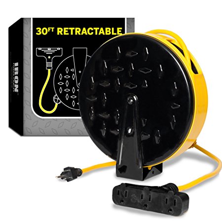 30Ft Retractable Extension Cord Reel with 3 Electrical Power Outlets - 16/3 Heavy Duty Yellow Cable - Perfect for Hanging from Your Garage Ceiling