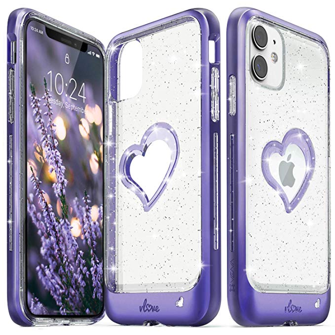Vena iPhone 11 Glitter Case, vLove Glitter Heart Case Slim Dual Layer Protection Designed for iPhone 11 (6.1 inches) - Purple (PC) and Clear TPU with Glitter