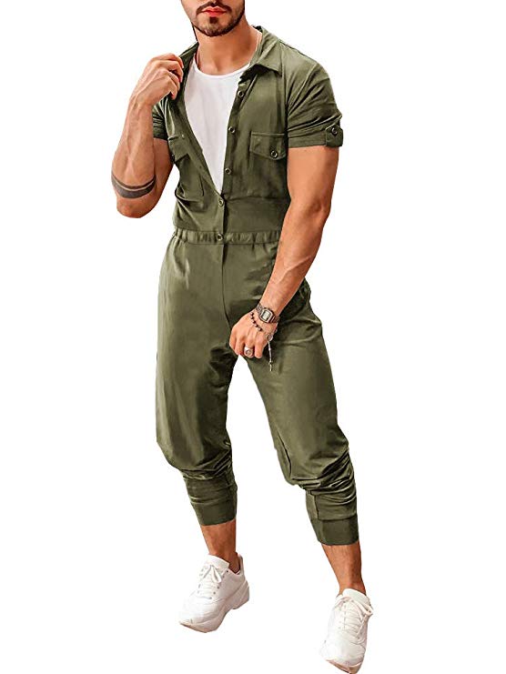 Makkrom Mens Romper Button Down Short Sleeve One Piece Jumpsuit Drawstring Casual Coverall with Pockets