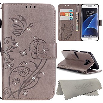 Galaxy S7 edge Case, Acytime PU Leather Flip Wallet Case Rhinestones Diamond Embossed Butterfly Flower Case Cover for Samsung Galaxy S7 Edge G9350 Gray