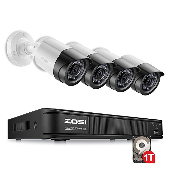 ZOSI 4-Channel AHD-TVI 1080p Security Camera System,Surveillance DVR Recorder with (4) 2.0MP 1920TVL Indoor/Outdoor Weatherproof Bullet Cameras,1TB Hard Disk Built-in