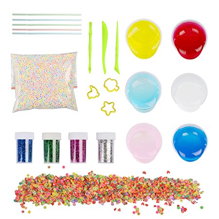 DIY Slime Kit, 6 Pack Crystal Clay Mud with 5000PCS Colorful Foam Balls, 2500PCS Fruit Face Decoration, 4 Bottles Glitter Shaker Jars, Magic Transparent Plasticine Toys for Adults and Children