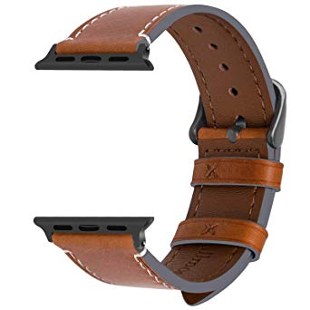 Fullmosa Compatible Apple Watch Band 42mm 44mm 38mm 40mm Genuine Leather iWatch Bands, 42mm 44mm Light Brown   Smoky Grey Buckle
