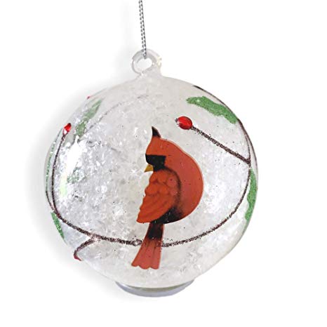 BANBERRY DESIGNS Cardinal Christmas Ornament - Light Up Glass Ball Ornament Cardinal Design - White Snow and Glitter Inside