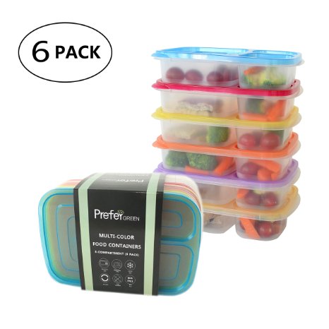 Prefer Green 3-Compartment Bento Lunch Box Containers Multi Color Portion Control Containers with Lids [6 PACK]