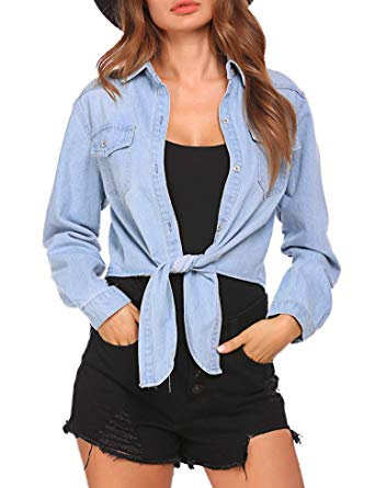 BEAUTEINE Women's Denim Jacket Long Sleeve Loose Distressed Lapel Jean Jackets