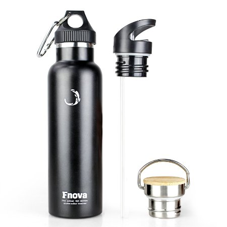 Fnova Insulated Stainless Steel Water Bottle, Double Walled Vacuum Flask, Standard Mouth with 3 Caps, BPA-Free, Cold 24 Hrs / Hot 12 Hrs