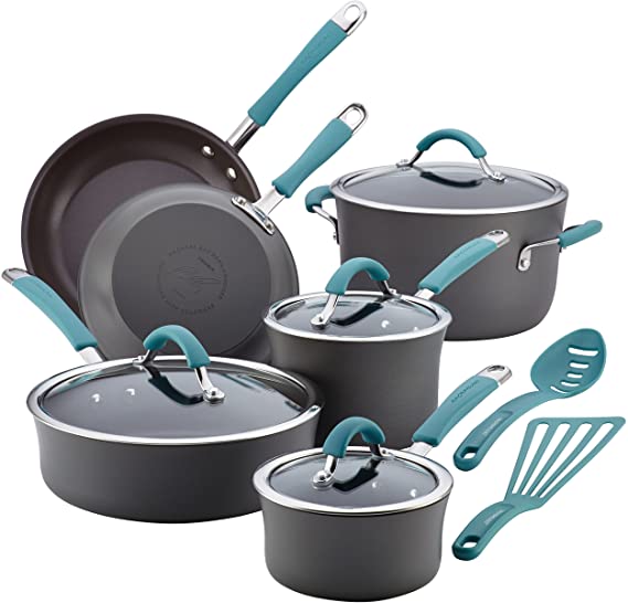 Rachael Ray 87641 Cucina Hard Anodized Nonstick Cookware Pots and Pans Set, 12 Piece, Gray with Blue Handles