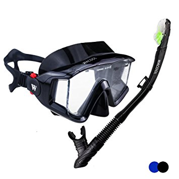 WACOOL Panoramic Wide View Snorkel Package Set for Adults, Anti-Fog Coated Glass Diving Scuba Mask, Full Dry Snorkel