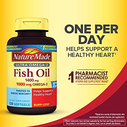 Nature Made Ultra Omega-3 Burpless Fish Oil 1400 mg Softgels w. Omega 3 1000 mg 130 Ct