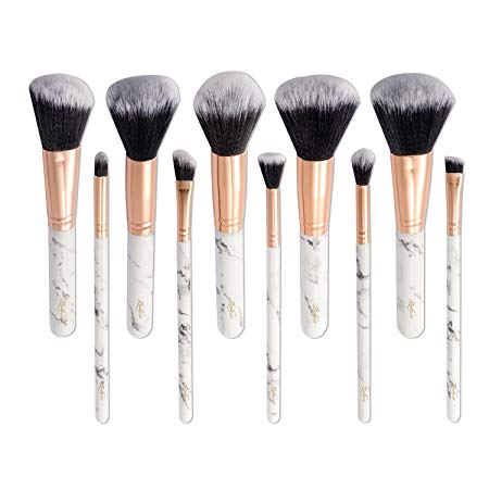 Marble Makeup Brush Set, Zodaca 10-piece Professional Stylish Eyeshadow Foundation Concealer Contour Cosmetic Travel Brush Kit with Wooden Handles
