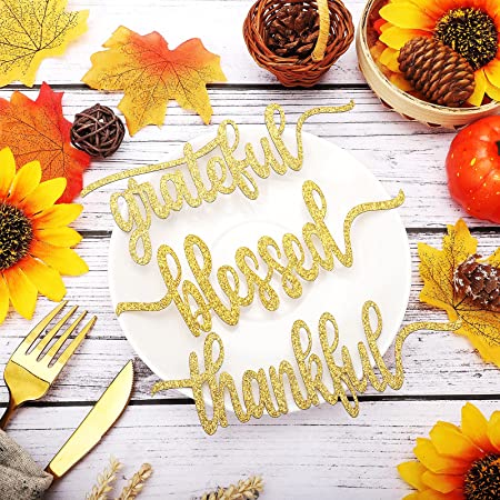 30 Pieces Thankful Grateful Blessed Words Cutout Card Decor Glitter Table Place Card Cutouts Thanksgiving Table Plate Cards Golden Glitter Paper Table Cutouts for Thanksgiving Wedding Anniversary