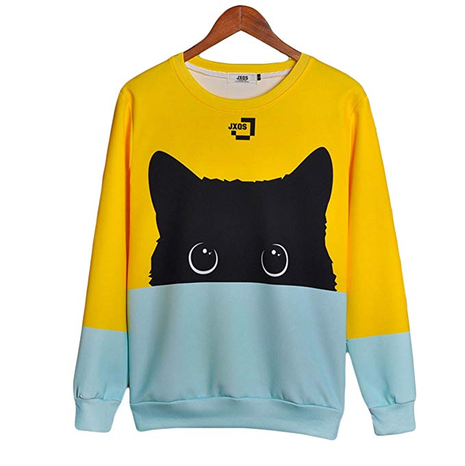 CORIRESHA Color Block Cute Cat Pattarn Long Sleeve Round Neck Pullover Sweatshirt