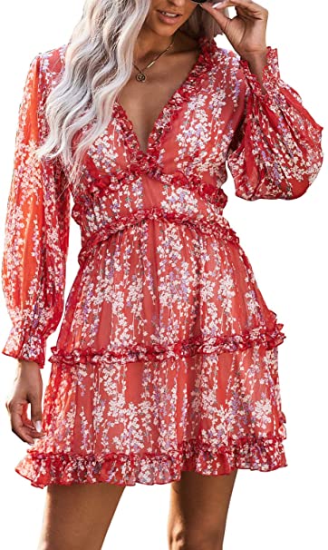 Dokotoo Womens Spring Summer Deep V Neck Ruffle Long Sleeve Floral Print Mini Dress