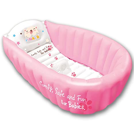 Nai-B Inflatable Baby Bath Tub. Portable and Foldable Bathtub for Infants and Toddlers. Safety Seat Mat Prevents Slipping [Pink]