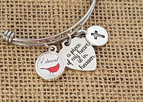 Cardinal Memorial Jewelry, Bracelet with Cross, A Piece of My Heart is in Heaven, Personalized Name