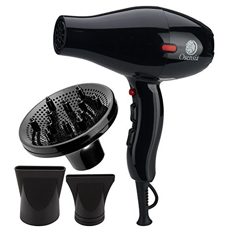 Fast Drying Professional Hair Dryer with Diffuser – 1875W Ionic Tourmaline & Ceramic Blow Dryer for Silky, Frizz-Free Style   2 Hair Dryer Concentrator Attachments   Curl Activator Diffuser by Osensia