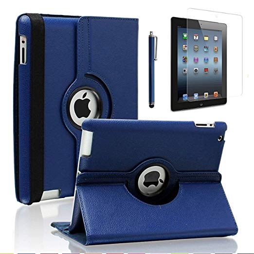 iPad Mini 4 Case, Zeox 360 Degree Rotating Case PU Leather Stand Smart Protective Cover With Wake Up/Sleep For Apple iPad Mini 4 (2015 Release) with Screen Protector and Pen, Navy Blue