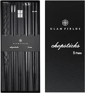 GLAMFIELDS 5 Pairs Premium Chopsticks Reusable Dishwasher Safe 9.5 Inch Fiberglass Chop Sticks Gift Set Non Slip Black   Silver