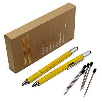 2PCS PACK 6 in 1 Screwdriver Tool Pen - Mini Multifunction Pen with Stylus, Flat and Phillips Screwdriver Bit, Bubble Level and inch cm Ruler all in one (Yellow)