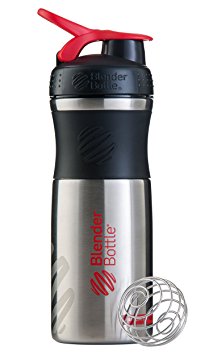 BlenderBottle SportMixer Stainless Steel Shaker Bottle, 28-ounce, Black/Red