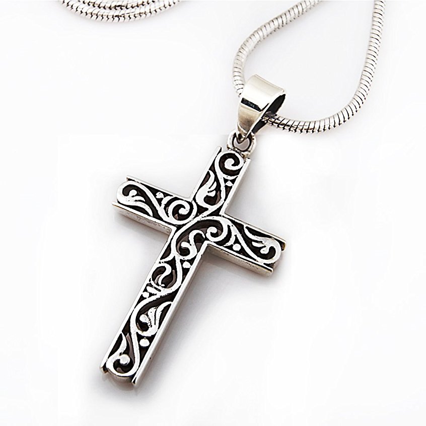 925 Sterling Silver Filigree Celtic Cut-Out Cross Pendant on Alloy Necklace Chain, 18 inches