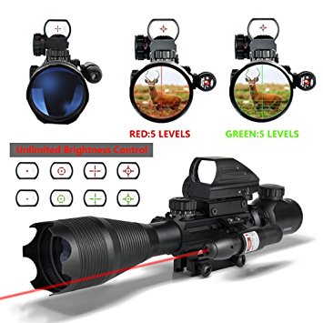 AR15 Tactical Rifle Scope 4-12x50EG Dual Illuminated Optics Sight & Red Laser & 4 Holographic Dot Sight (12 Month Warranty)