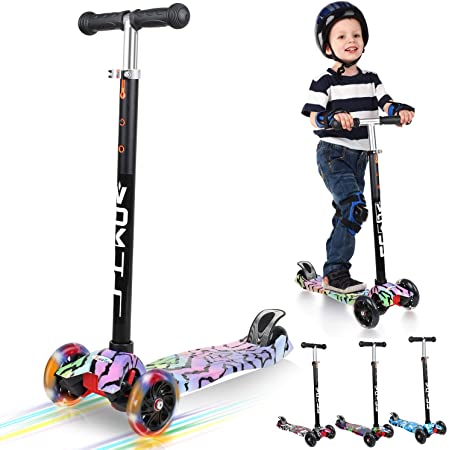 Vokul 3 Wheels Kids Mini Kick Scooter wiht LED Flashing Wheels & Adjustable Height for Age 3-8;Up to 50kg/110lbs; Easy Lean-to-Steer Mechanism, Wide and Durable Deck (Star)