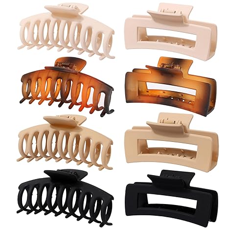 Hair Claw Clips, Bqmte 8 Pcs 4.3" Large Hair Clips for Thick & Thin Hair, 2 Styles No Slip Matte Strong Hold 90’s Fashion Big Jaw Clips for Women and Girls (Amber)