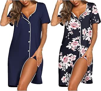 Ekouaer Nightgowns for Women 2 Pack Button Down Sleepshirt Short Sleeve Nightshirt Soft Sleepwear V Neck Pajama Dress