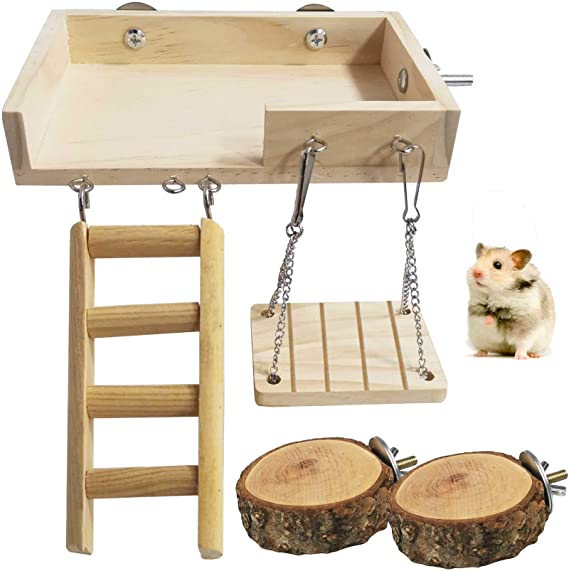 kathson Dwarf Hamster Wood Platform with Ladder Swing Climbing Toys Rat Playground Set Hamster Crawling Cage Accessories for Gerbil Dwarf Rat 5PCS