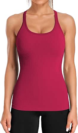 ATTRACO Ribbed Workout Tank Tops for Women with Built in Bra Tight Racerback Scoop Neck Athletic Top