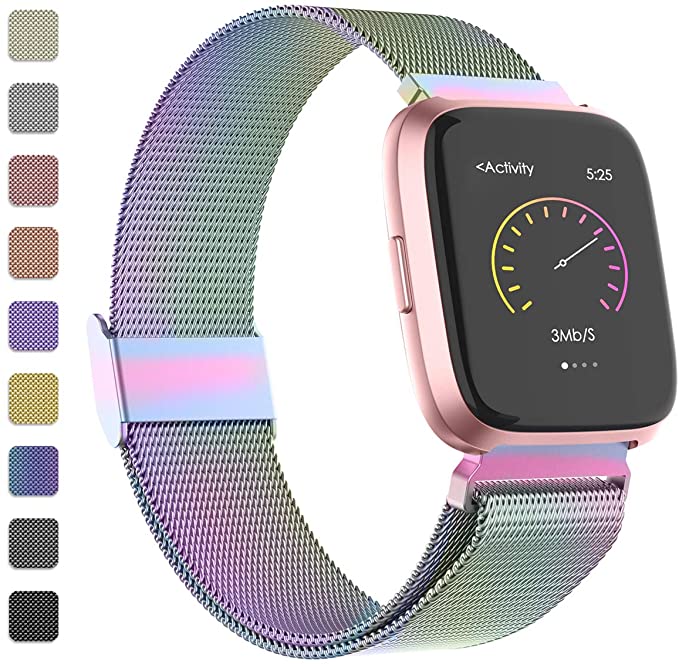 iGK Metal Replacement Bands Compatible for Fitbit Versa/Versa Lite Edition/Versa 2, Stainless Steel Loop Metal Mesh Bracelet Unique Magnet Lock Wristbands