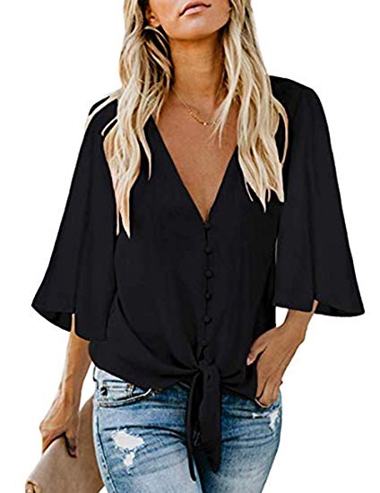 MEROKEETY Women's V Neck Button Down 3/4 Bell Sleeve Chiffon Shirt Tie Knot Casual Blouse Tops