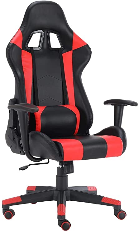 Perfect Future Furniture Gaming Chair Racing Office Computer Game E-Sports Chair Ergonomic Backrest and Seat Height Adjustment Recliner Swivel Rocker with Lumbar Pillow Support Chair, Red