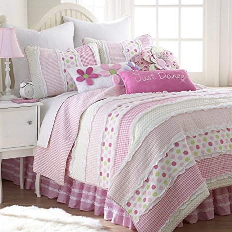 Marley Ruche Twin Quilt Set Pink, White Stripes with Multicolored Dots
