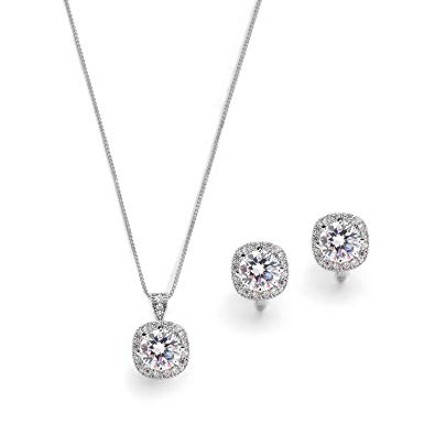 Mariell Necklace & Clip On Earrings Jewelry Set, 10mm Cushion-Shaped Pave Halos with Round CZ Solitaires