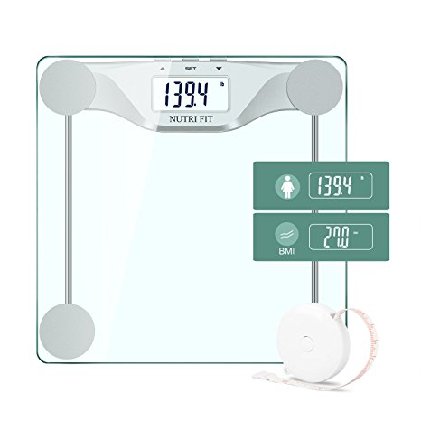 Digital Body Weight Bathroom Scale BMI,Accurate Weight Measurements by NUTRI FIT,Large Backlight Display and Step-On Technology,400 Pounds, Body Tape Measure Included,Silver