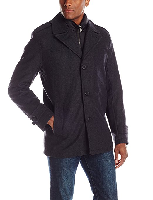 Tommy Hilfiger Men's Wool-Blend Melton Single-Breasted Peacoat with Bib