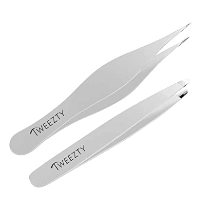 Tweezty Tweezer Set of Slanted Tweezers and Precision Tweezers - Stainless Steel Pointed Tweezers for Ingrown Hair, Eyebrow Plucking, and Blackhead and Splinter Removal