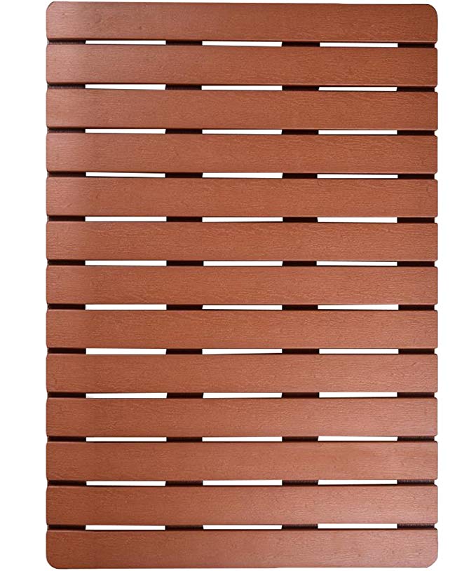 I FRMMY Premium Large Bath Tub Shower Floor Mat Made of PVC Wood- Suitable for Textured and Smooth Surface- Non Slip and Mold Resistant Bathroom mat with Drain Hole- 20" x 28.5" (Teak Color)