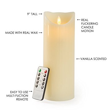 Gideon 9 Inch Flameless LED Candle - Real Wax & Real Flickering Candle Motion - with Multi-Function Remote (On/Off, Timer, Dimmer) - Vanilla Scented, Ivory