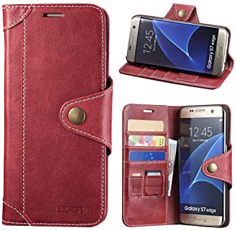 Galaxy S7 Edge Case, Lensun Genuine Leather Wallet Magnetic Flip Case Cover for Samsung Galaxy S7 Edge 5.5" - Wine Red (S7E-GT-WR)
