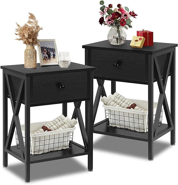 VECELO Side/End Table Set of 2 Nightstand with Drawer & Storage Shelf for Living Room Bedroom,X-Design, Black, Industrail 2 Set, Retro Blk