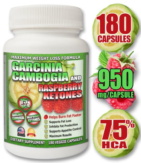 75% HCA - PURE Garcinia Cambogia with Raspberry Ketones for MAXIMUM WEIGHT-LOSS - 180 Capsules