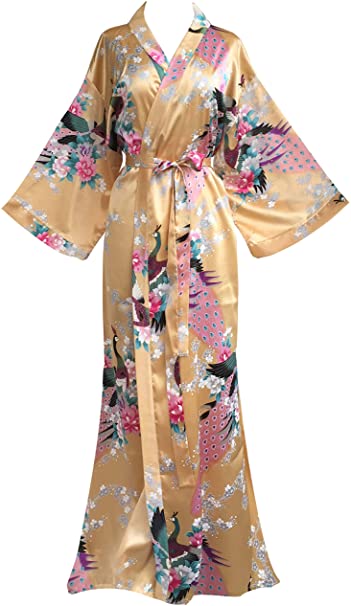 JANA JIRA Women's Kimono Robe Long Robes with Peacock and Blossoms Printed 1920s Kimono Nightgown