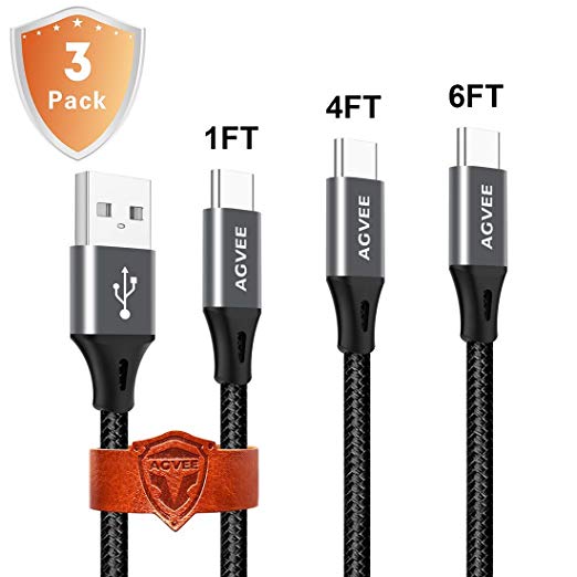 3A Heavy Duty, Seamless End Tip USB C Cable [3 Pack 1ft 4ft 6ft], Agvee Braided Type C Charger Cord, Fast Charging Cable for Samsung Galaxy S9 S8 Note 8 Gray
