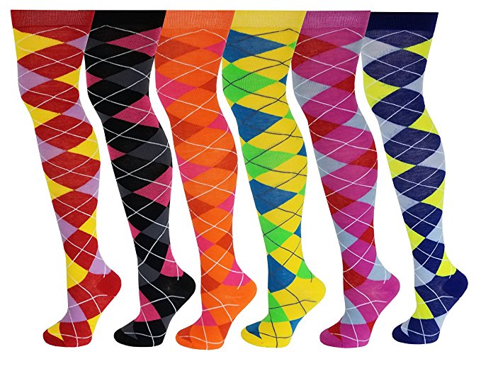 6 Pairs Pack Women Multi Neon Color Fancy Design Thigh High Over the Knee Socks Stockings