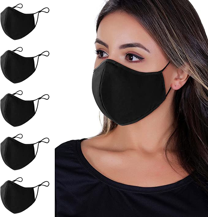 5 Pcs/Pack Black Face Mask, Breathable and Reusable Cloth Face Mask, Adjustable Ear Straps, 3 Layers of Face Mask Washable
